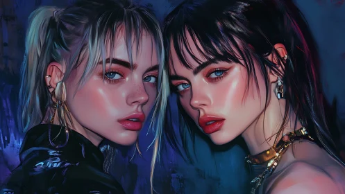 Glimmering twin muses sharing a bold midnight gaze.