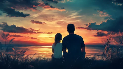 Silhouetted figures viewing sunset over calm shoreline.