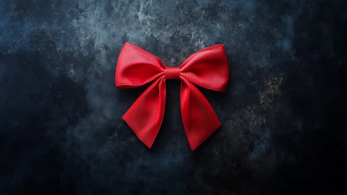 Red satin bow centered on dark textured background.