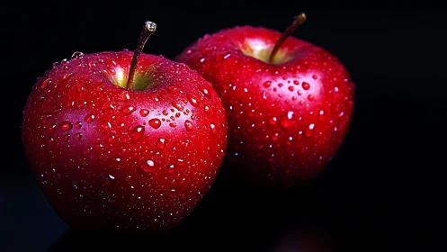 Dew-kissed red apples against deep black background.