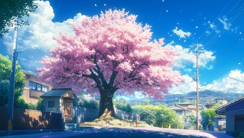 Sunlit sakura guardian shading a sleepy suburban street.