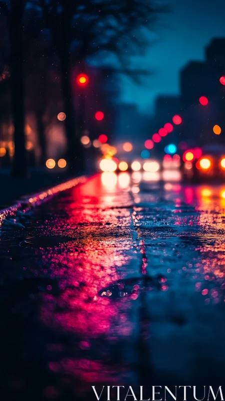Neon rain puddles catch city lights in dreamy midnight bloom.