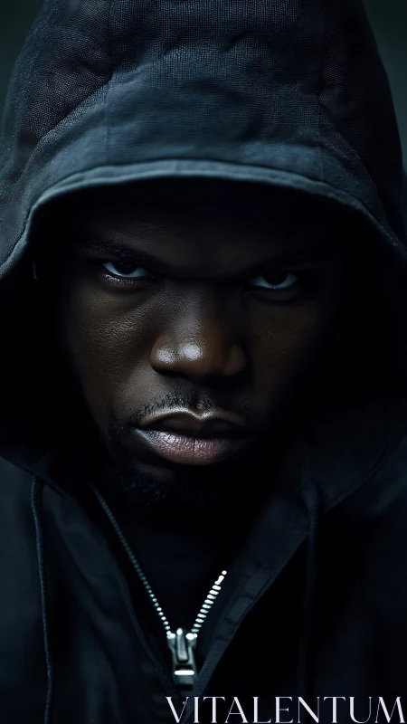 Shadowed gaze of a hooded man carved in steely resolve.