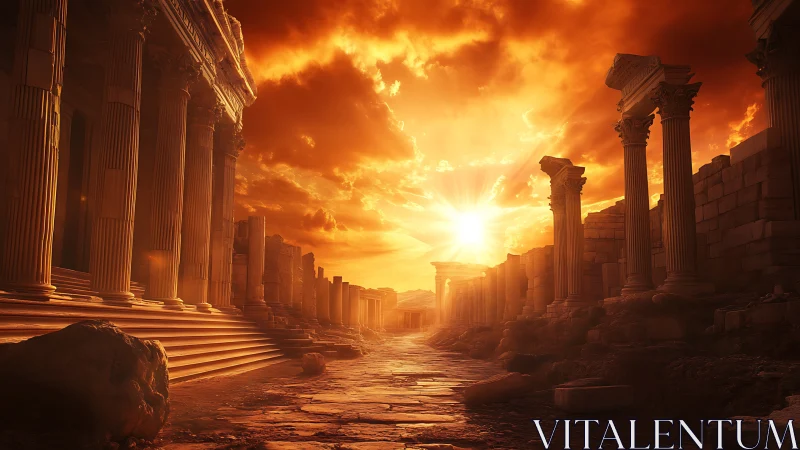 Sunlit colonnaded ruins under dramatic incandescent sky
