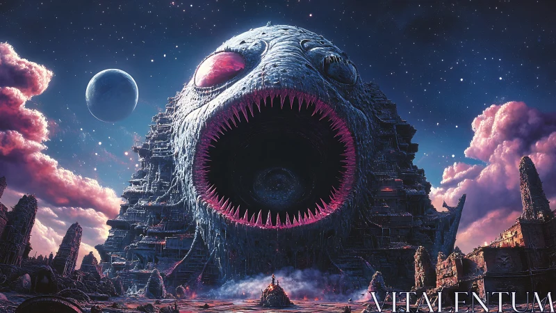 Colossal cosmic fish fortress devouring ruined alien world.