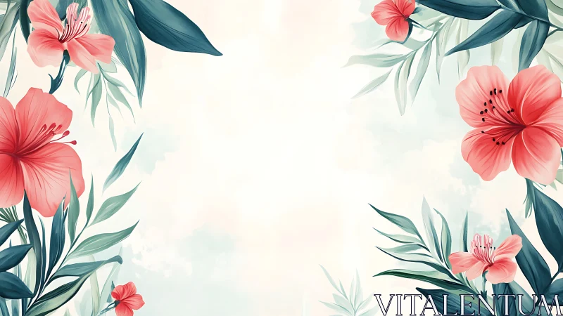 Pink hibiscus flowers with teal foliage on cream background.