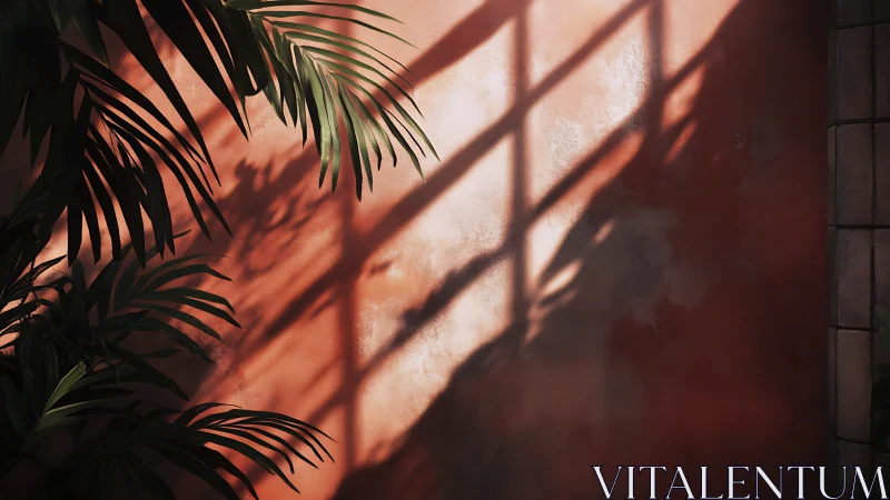 Tropical palm foliage casting lattice shadows on terracotta wall