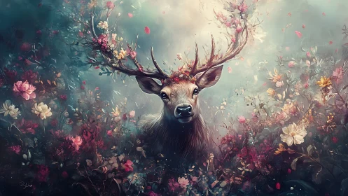 Enchanted stag emerges through ethereal floral mist and light