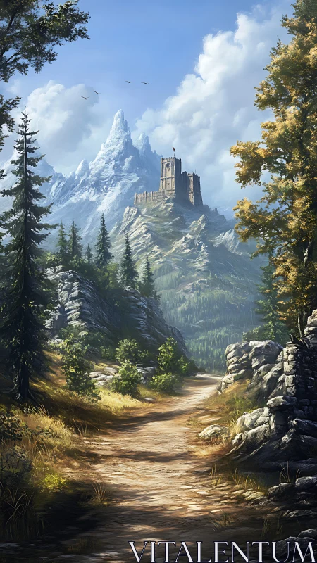 Mountain fortress above winding forest path under clouds.