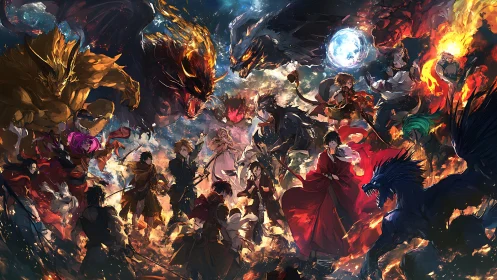 Epic anime battle tableau uniting heroes, beasts and cosmic forces