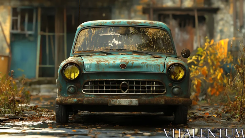 Rusty teal classic car resting quietly in autumn light.