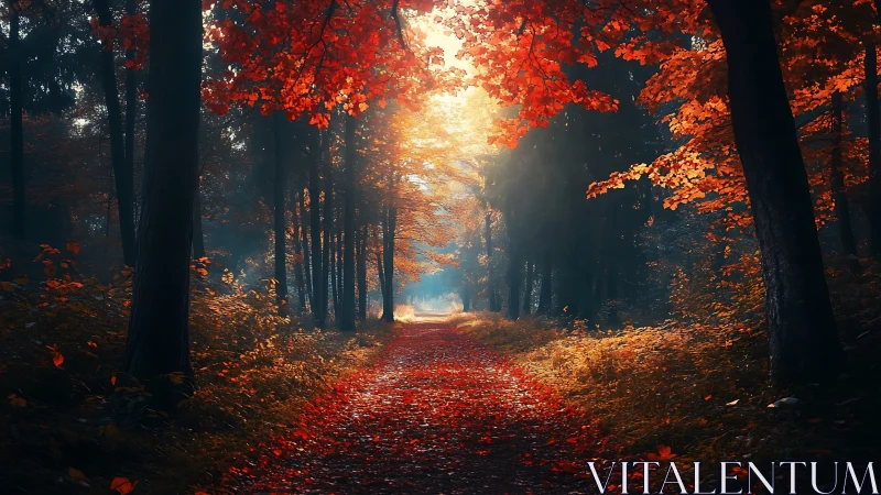 Autumn's Golden Path Through Fire-Lit Woods.