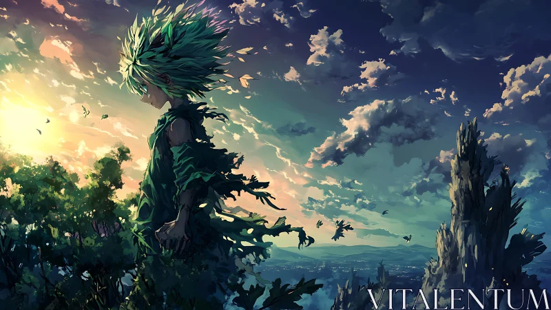 Sunlit anime figure merges with foliage under dynamic sky gradients