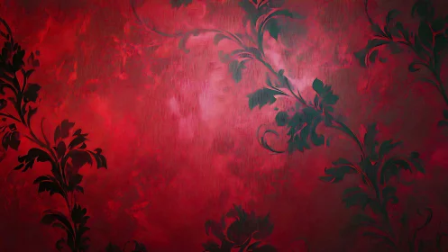 Crimson ornamental foliage on textured painterly red ground.