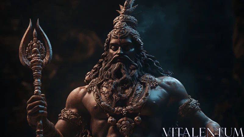 Bronze stormbearer with trident crown in sacred shadowed glow.