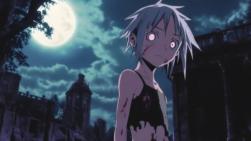Haunted anime child under full moon in ruined gothic courtyard