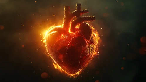 Anatomical Heart with Fiery Energy Aura.