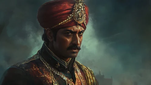 Regal gaze of a jeweled prince in stormy twilight hues.