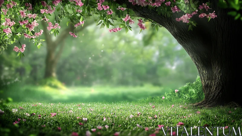 Blossom-laden tree crowns verdant meadow with pink petals.