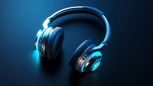 Futuristic LED headphones glow on a sleek dark surface.