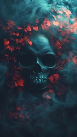 Skull emerging amid crimson leaves and teal mist.
