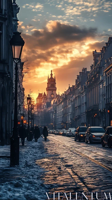 Winter city street glows under dramatic sunset sky.