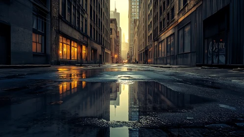 Golden hour puddles in a quiet reflective city street.