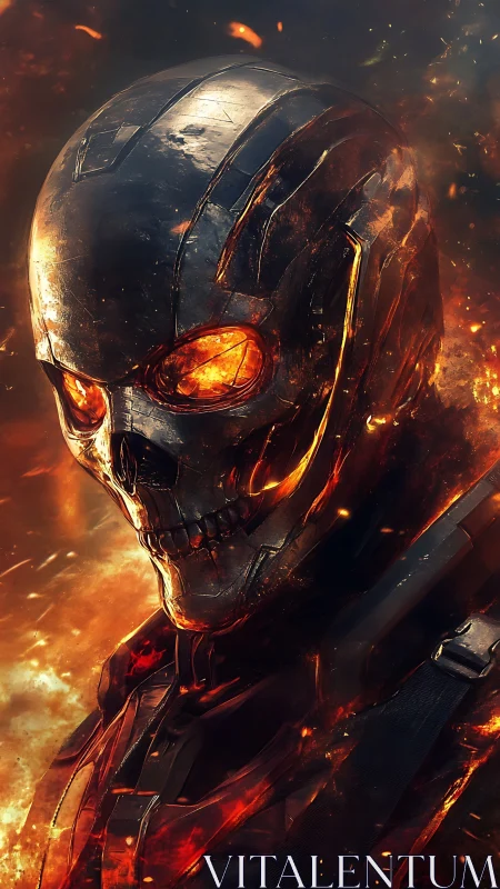 Cyberpunk inferno skull android portrait in molten armor design.