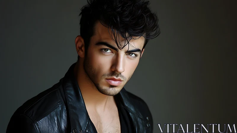 Moody male portrait with leather jacket and dark backdrop.