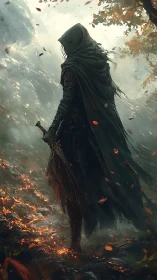 Hooded ranger surveys ember-strewn forest in moody backlight