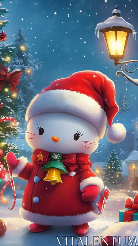 Snowy-town bell-kitty in peppermint-bright Christmas coat.