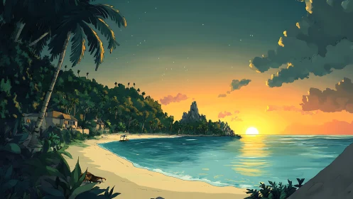 Tropical Coastal Landscape with Golden Hour Illumination and Dramatic Cloud Formation.