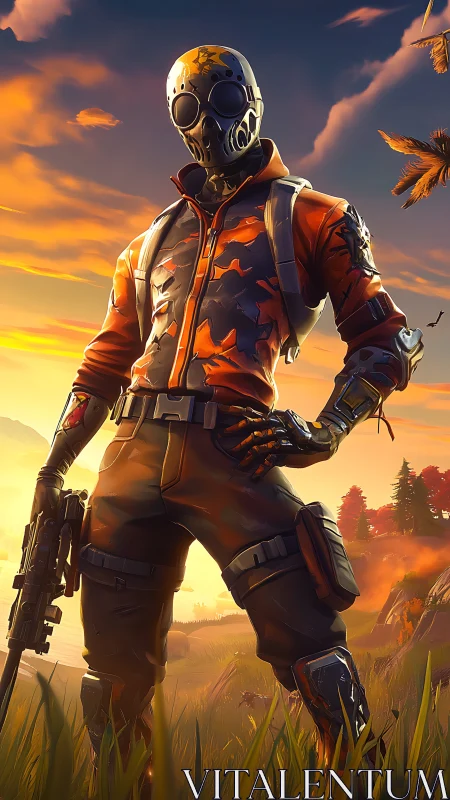 Masked dusk ranger stands guard in molten sunset blaze.