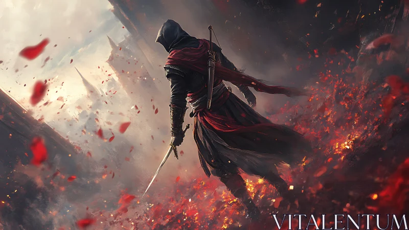 Hooded swordsman in red-tinted ruins with airborne embers.