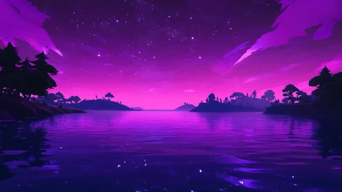 Neon Lake Landscape Under Starlit Purple Sky