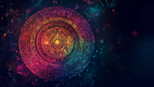 Radiant techno-aztec mandala under cosmic neon sky.