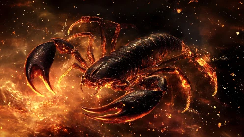 Molten scorpion rendered in fiery glowing environment.
