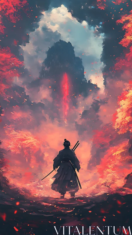 Digital painting of lone samurai before flaming storm portal.