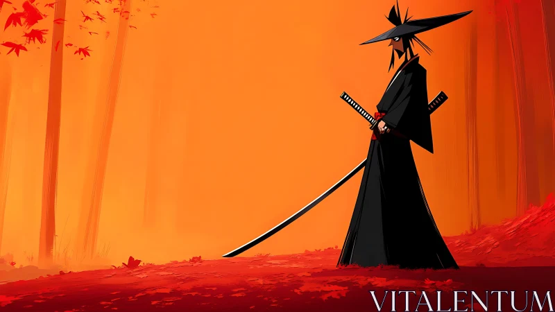 Autumn ember forest crowns a lone black-clad swordsman.