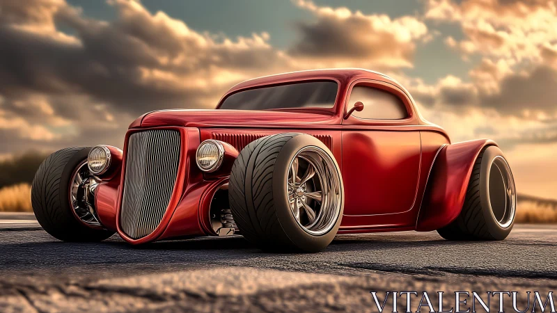 Streamlined red hot rod coupe under cinematic sunset light.