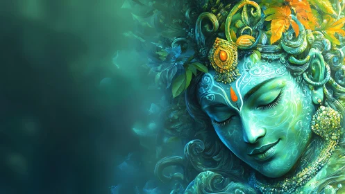 Divine blue-green face with ornate floral and jeweled adornment