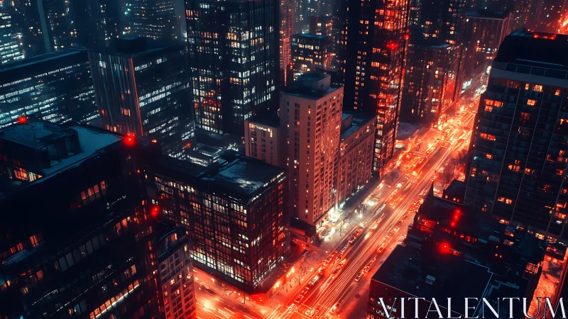 Neon-lit urban canyon captures cinematic nocturnal city traffic