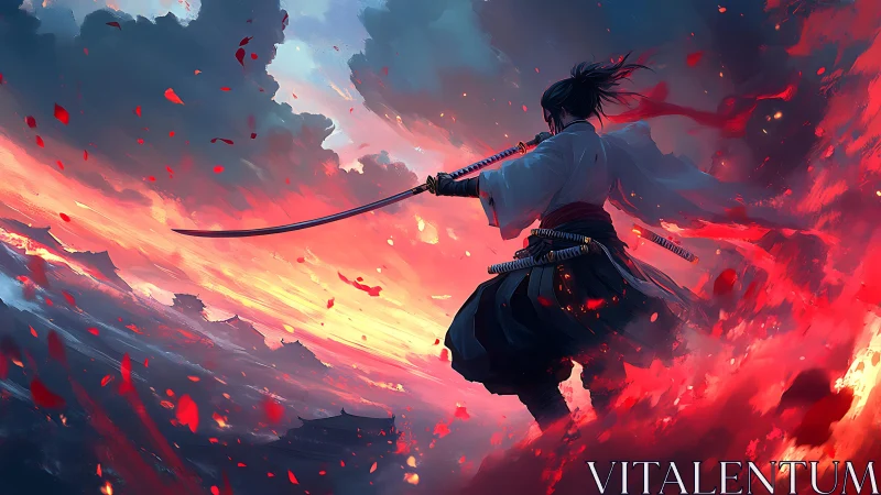 Samurai warrior cleaves dusk sky with flaming katana stroke.