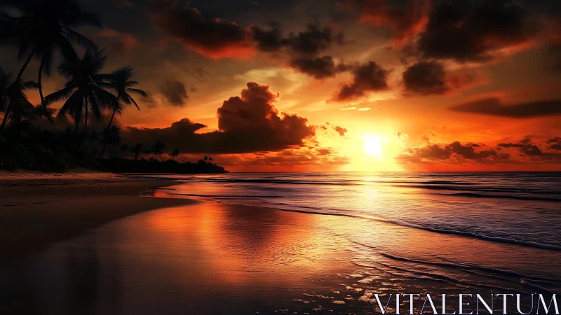 Sunset glow over quiet palms and a gently shimmering shore.