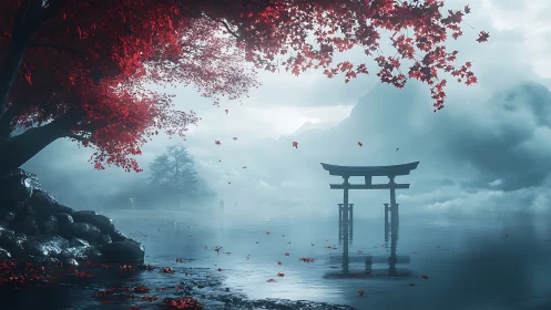 Red maple shore framing misty torii over still lake.