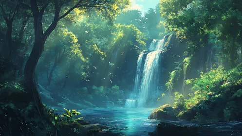 Enchanted Forest Waterfall with Mystical Light.