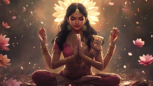 Lotus-lit goddess breathes quiet fire into twilight silence