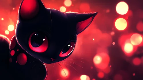 Black cat with luminous red eyes against bokeh background.