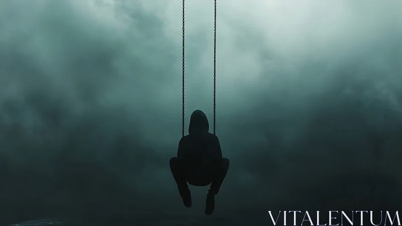 Solitary hooded figure on swing in dark stormy clouds.