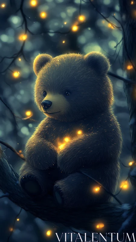 Moonlit baby bear cradles firefly lanterns in forest hush